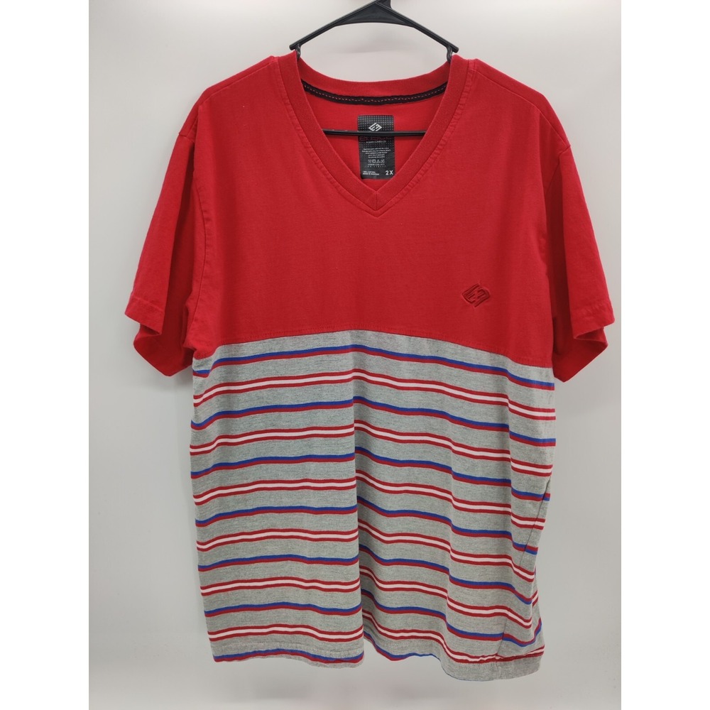 Enyce Sean Combs Co Red Gray Stripe V Neck T Shirt Men's 2X Cotton
